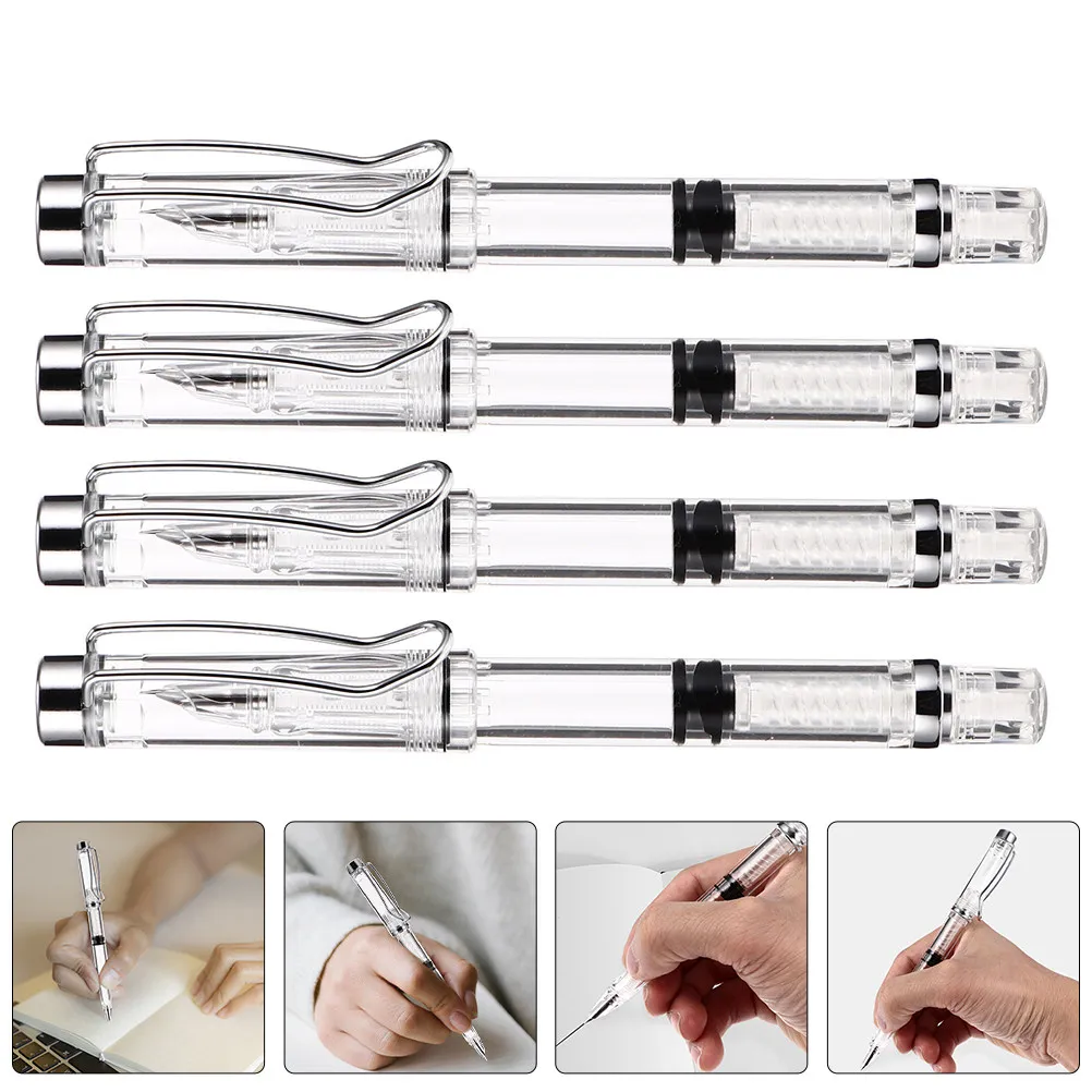 

4Pcs Transparent Fountain Pen Ergonomic Grip Smooth Writing Calligraphy Practice Pen for Students Handwriting Training School