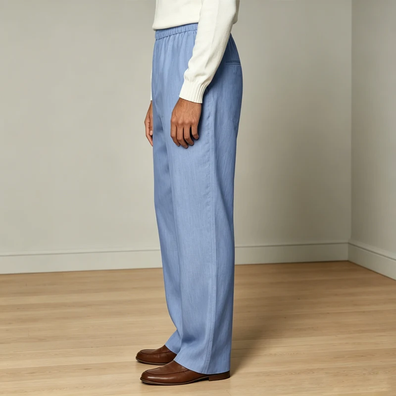Men Linen Pants Elastic High Waist Wide Straight Trousers Loose Fit Breathable Lightweight Casual For Summer Beach Daily Holiday