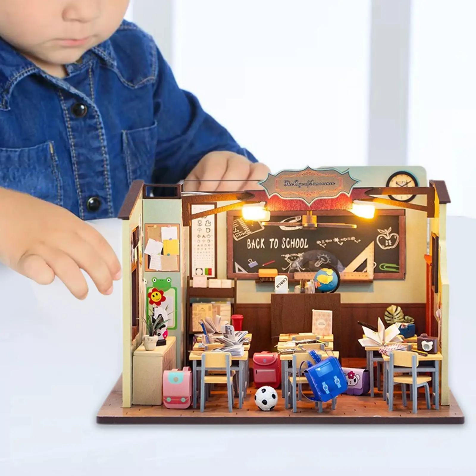 Dollhouse Miniature Handicraft Built in LED Light Classroom Model for Family