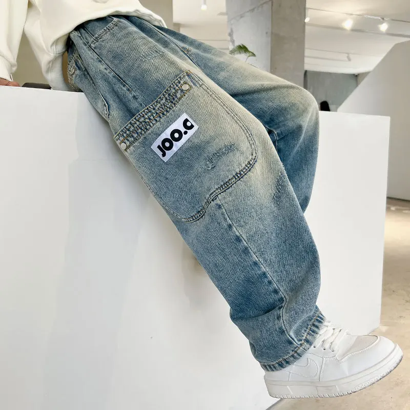 Trendy Boys Teenager Loose Fit Denim Jeans Casual Ripped Long Trousers Korean Style Cotton Blend for Autumn Spring