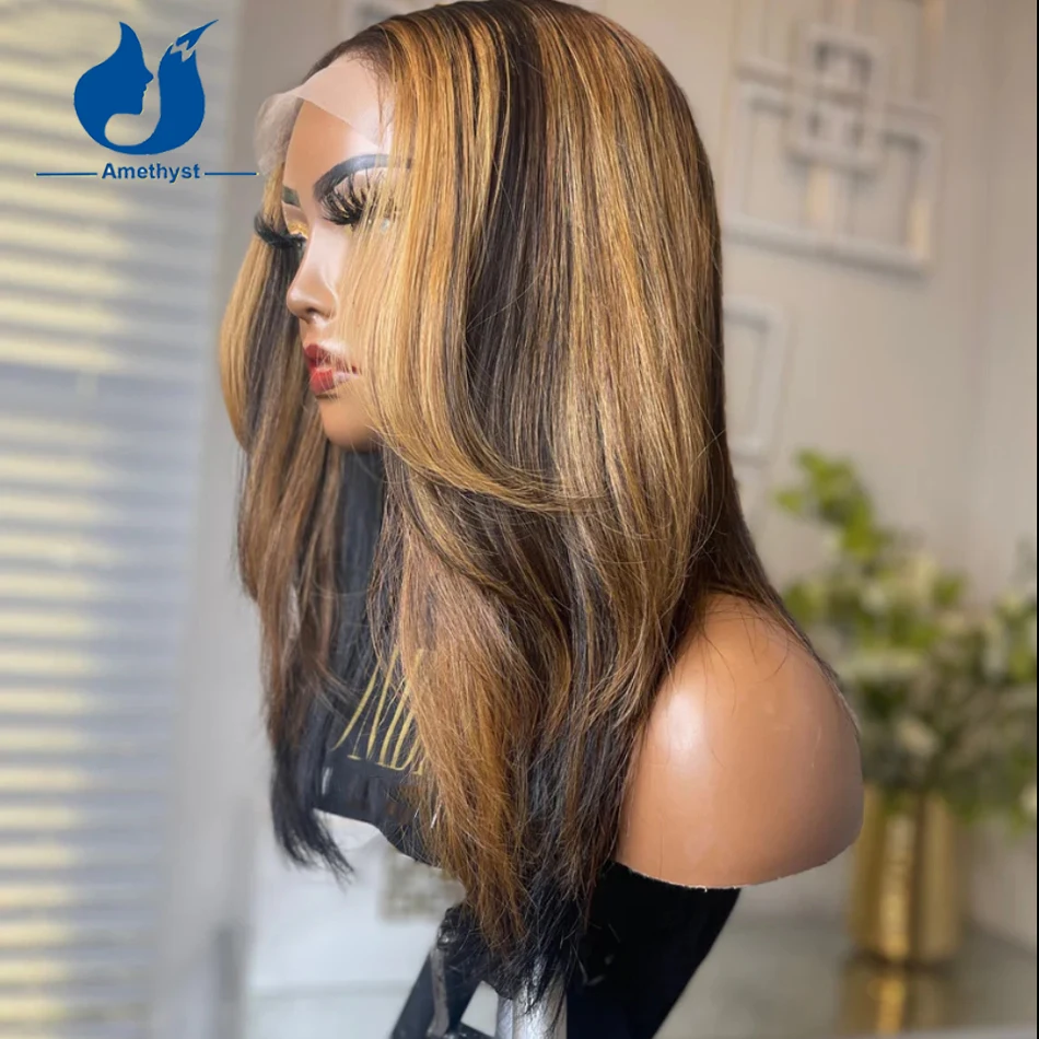 Parrucca con chiusura in pizzo con evidenziazione a strati di ametista capelli umani per donne nere 5.5 x4.5pu Top in seta prepizzicata capelli Remy Glueless colorati