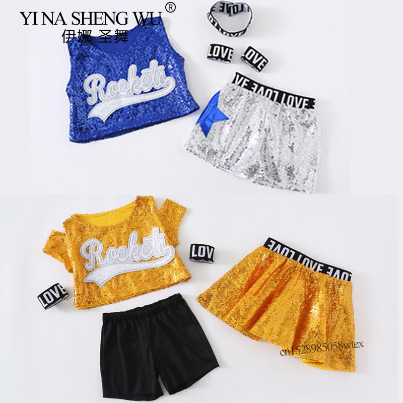 Roupas de dança jazz crianças meninas meninos lantejoulas colheita topo & saia/shorts conjunto líder de torcida dança de rua jazz palco desempenho traje