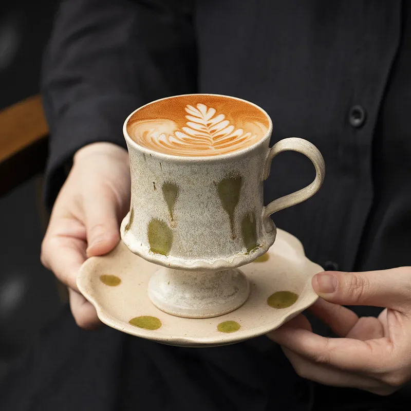 High Footed Coarse Ceramic Coffee Cup, Retro Kiln Turned Flowing Glaze, Mug, Tea Set, Exquisite Afternoon Tea Latte Cup