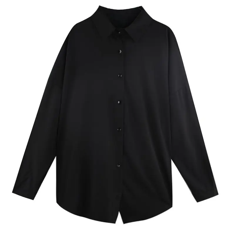 Blusa Vintage negra que combina con todo para mujer, camisa holgada lisa de manga larga con cuello tipo Polo, Tops informales de calle, ropa de