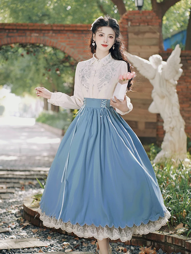 Original Design Two Piece Skirt Set Women Spring Autumn Embroidery Shirt and Lace Patchwork Long Skirts Outfits