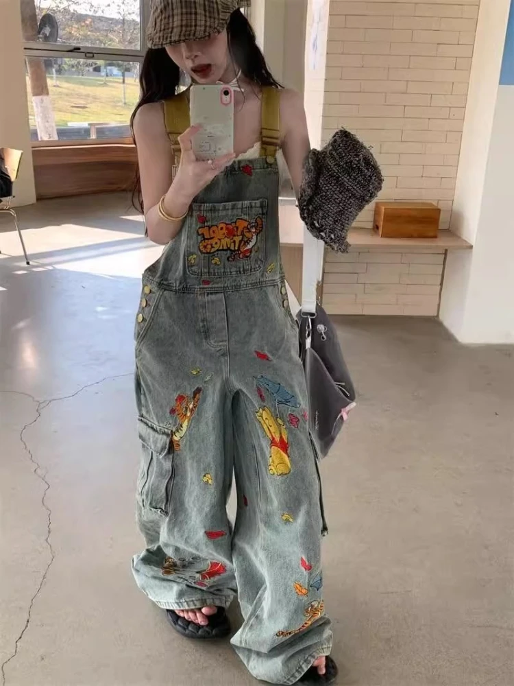 Tuta vintage da donna stile americano gamba larga tuta lunga fino al pavimento pantaloni casual in denim scozzese alla moda a vita alta elasticizzati