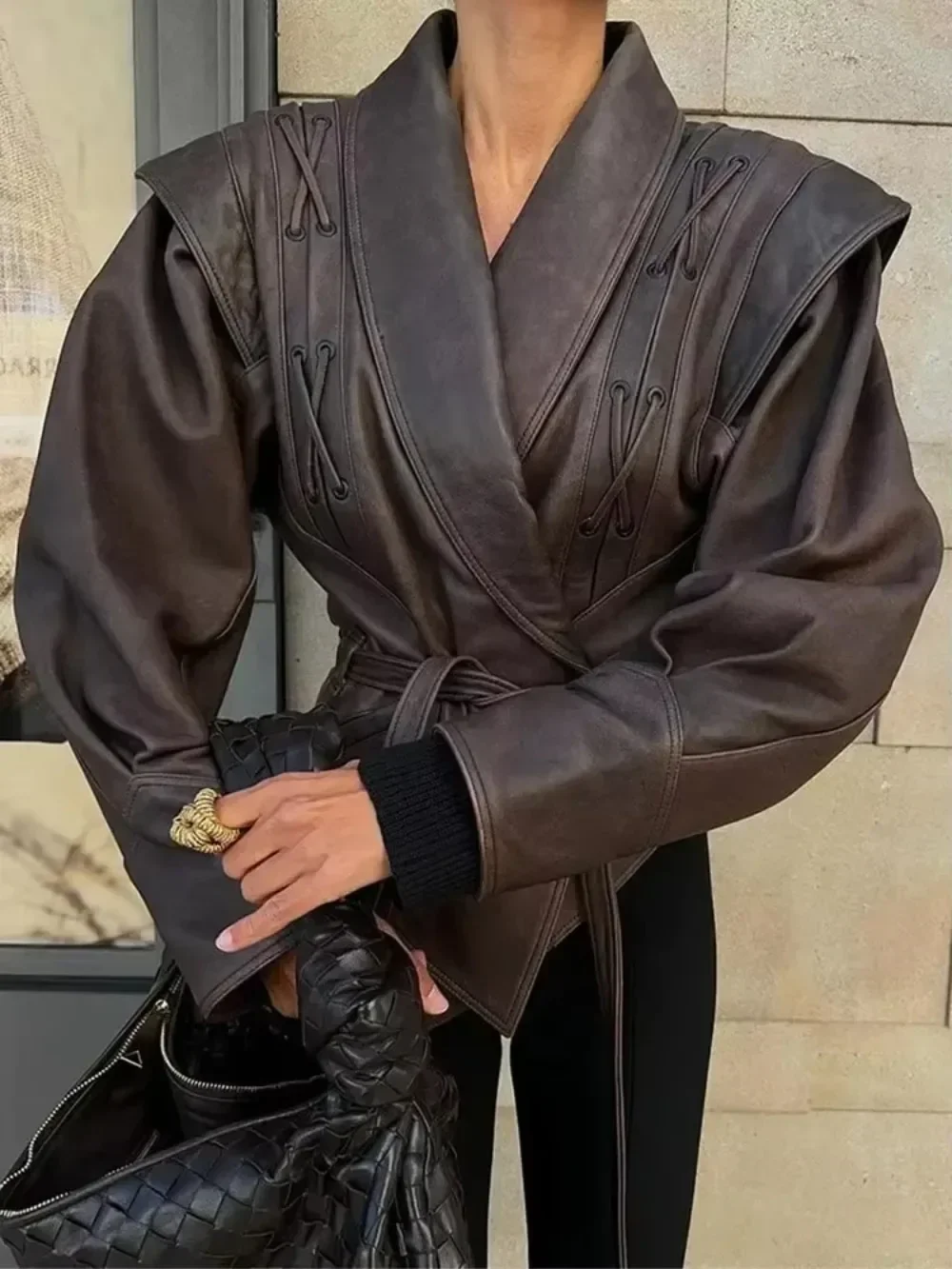 Women's 2025 Autumn Winter New Versatile Long Sleeves Lace-up Coats High Street Fuax Leather Jacket Causal Female Outerwear