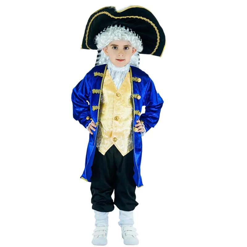 Halloween Children Pirate Cosplay Costume Holiday Party Funny Set Boy Blue Fashion Long Sleeve Hat Stage Performance Clothes