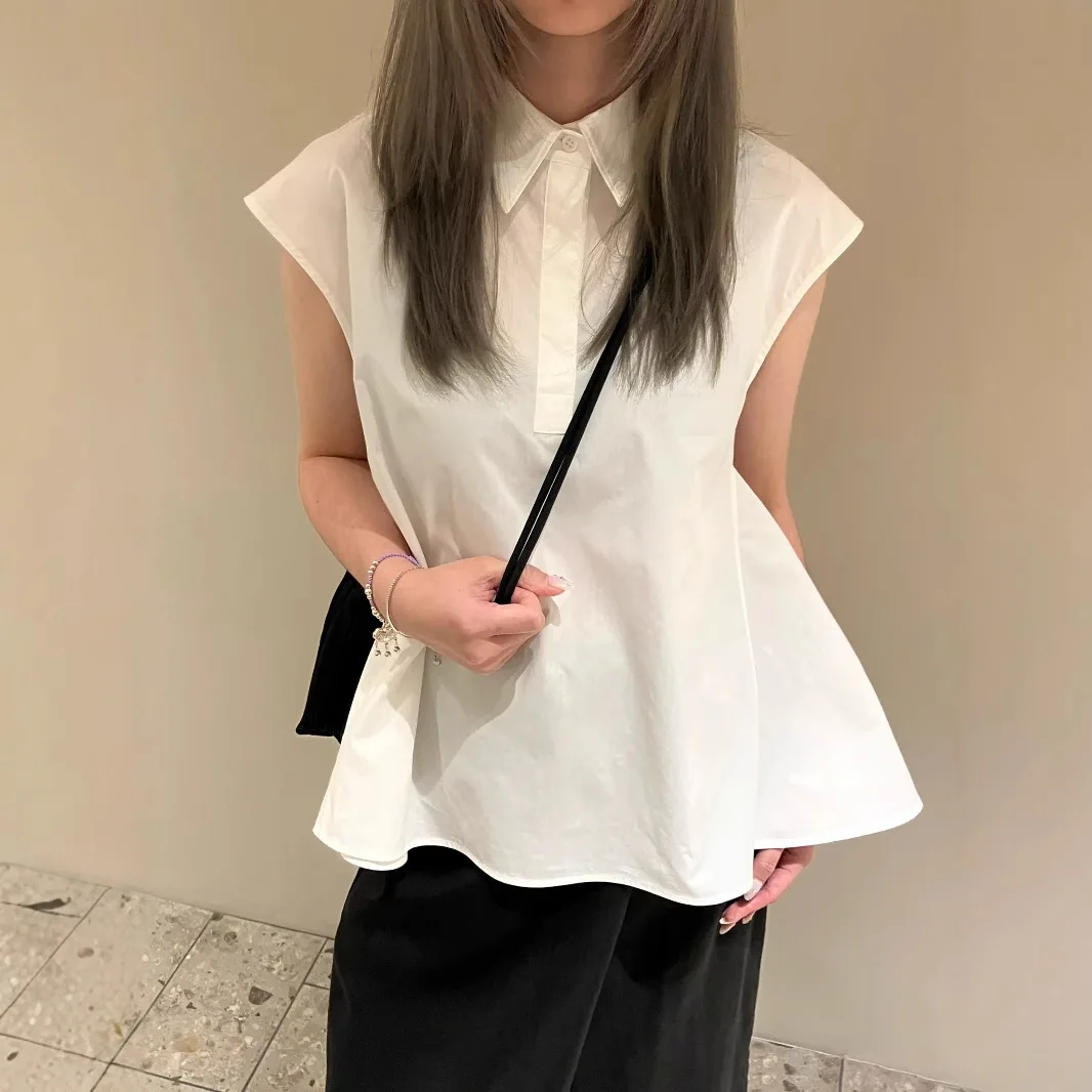 

Stylish French Style White Blouse Shirt Women Summer Cotton White Sleeveles Loose Ruffles Button Up Ladies Causal Tops New