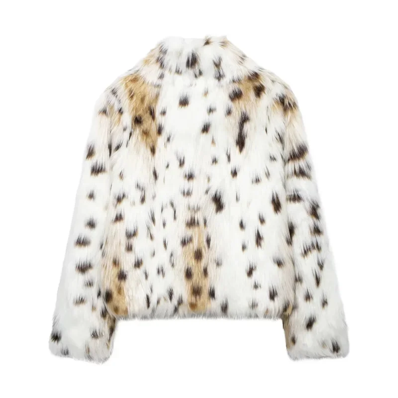 Leopard Print Faux Fur Texture Jacket Women Light Colored Loose Plush Outerwear 2024 Winter New Casual Warm Artificial Fur Coats