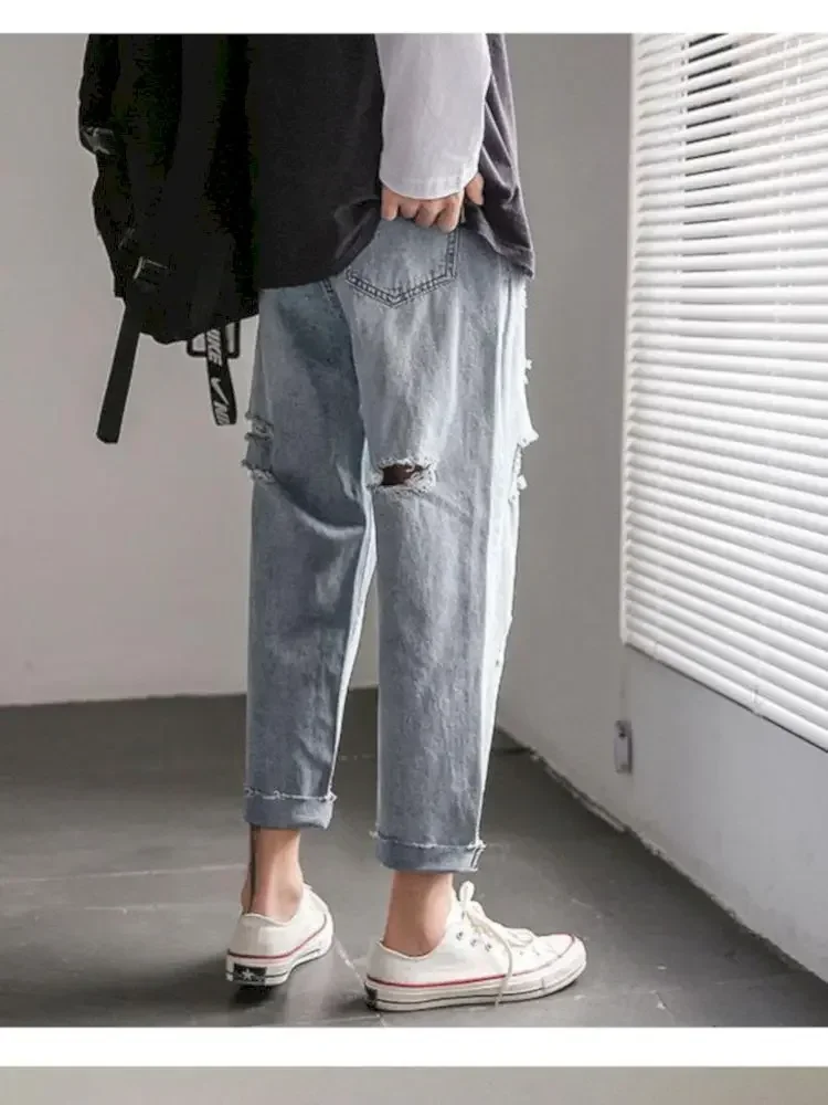 

Foufurieux Jeans Men's Loose Straight Tube Raw Edge Ankle-length Pants Women Korean Hong Kong Style All-match Beggar Baggy Jeans