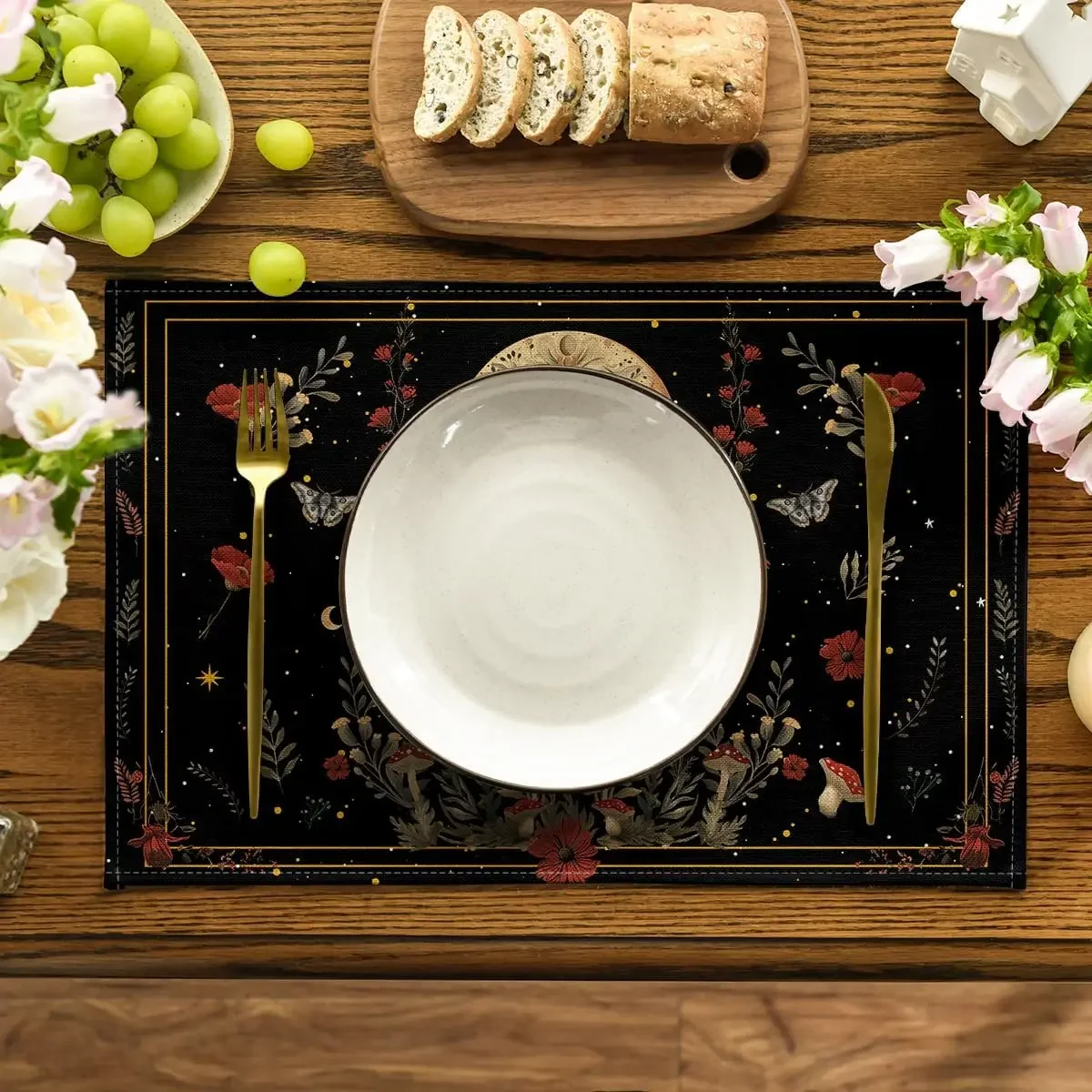 Goth  Poppy Moth Moon Placemats 1PC 30x40CM Floral Spring Table Mats for Outdoor Home Party Kitchen Dining Decor