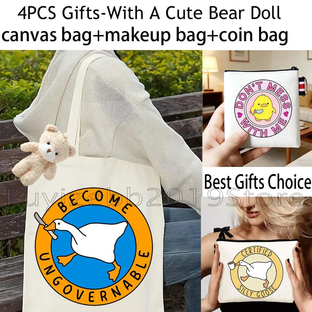 4PCS Peace Was Never An Option Silly Goose Funny Duck Gifts White Canvas Tote Bag Handbag,Cosmetic Makeup Bag,Coin Purse Wallet