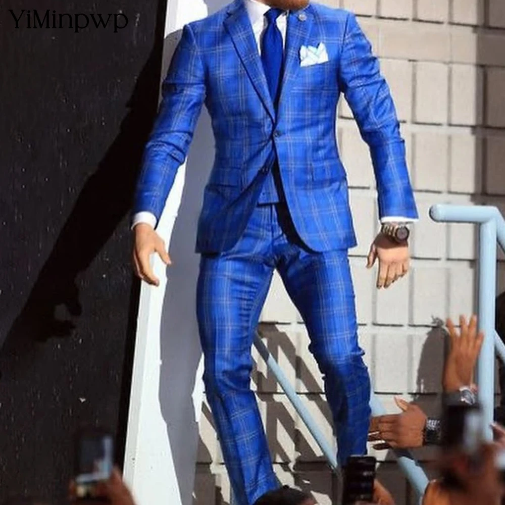 

YiMinpwp Navy Blue Plaid Men Suits Business Male Blazers Slim Fit Notched Lapel Groom Tuxedos 3 Pcs Sets Handsome Ropa Hombre