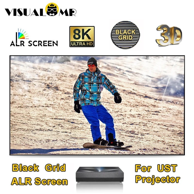 VisualMr Grade Preta ALR UST Tela de Projeção PET Cristal Luz Ambiente Rejeitando 3D 4K 8K 100 polegadas 120 polegadas para Projetores Curtos