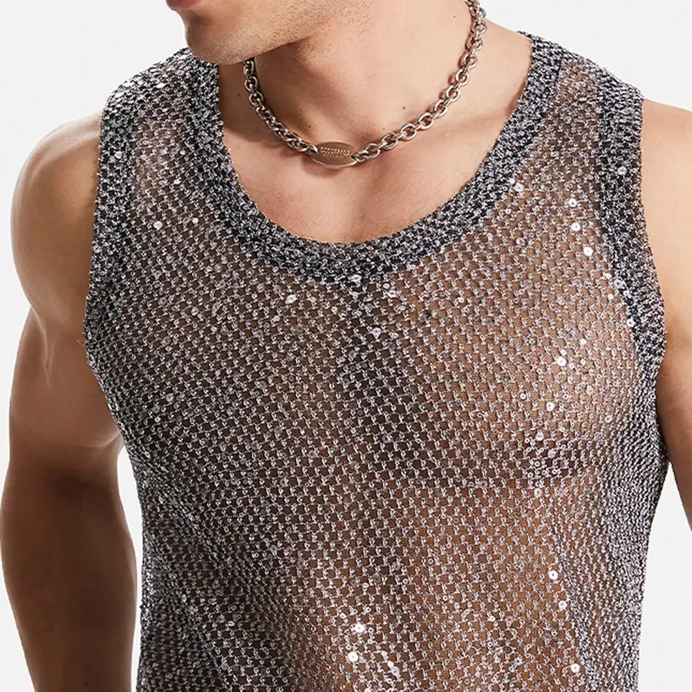 Homens sexy malha lantejoulas oco para fora tanque muscular sem mangas glitter sheer transparente colete fishnet festa topos simples masculino colete