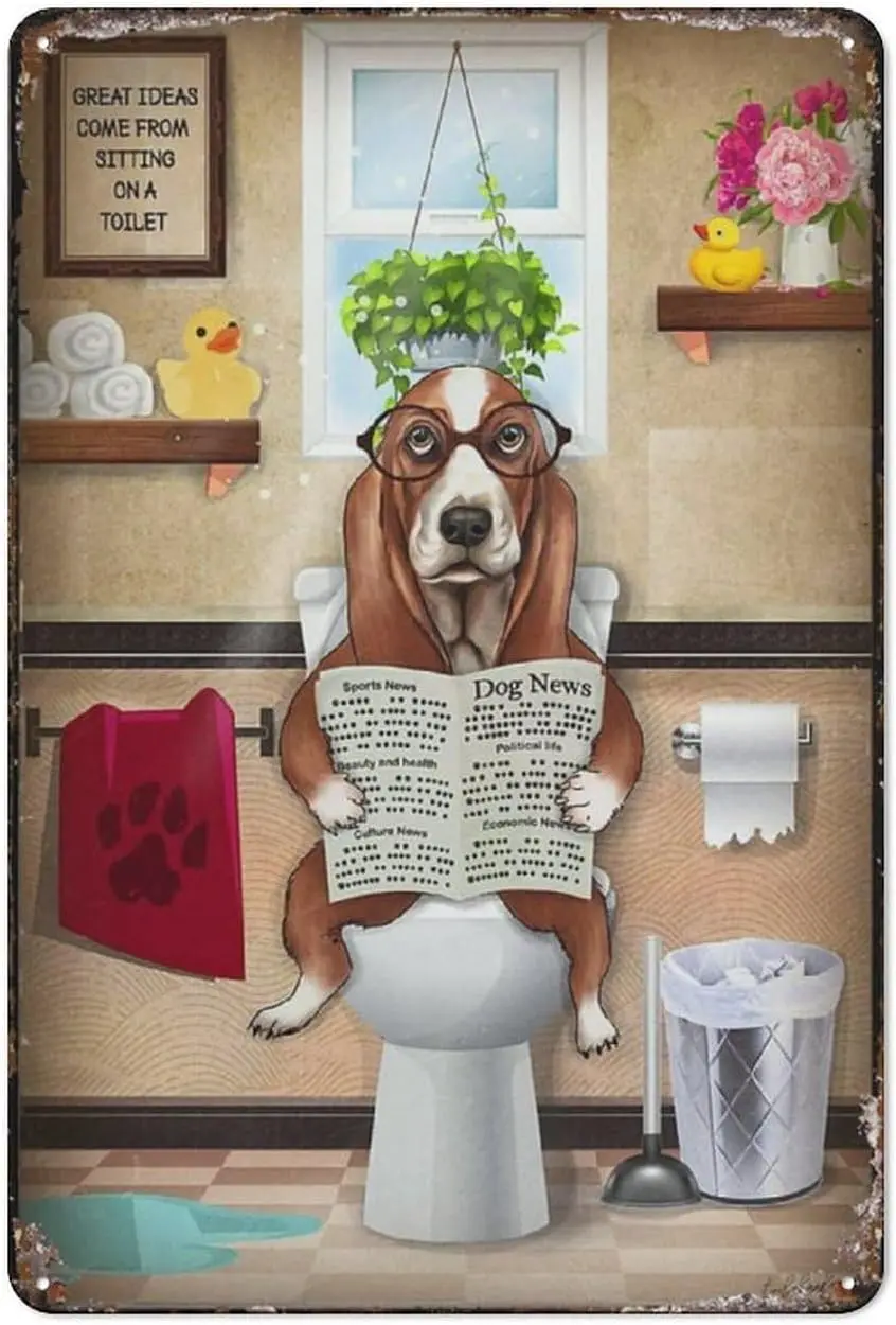 Puhayexi Retro Tin Sign Basset Hound Dog Read Newspaper Toilet Bathroom Funny Vintage Decor For Home Bar Room Diner Garage