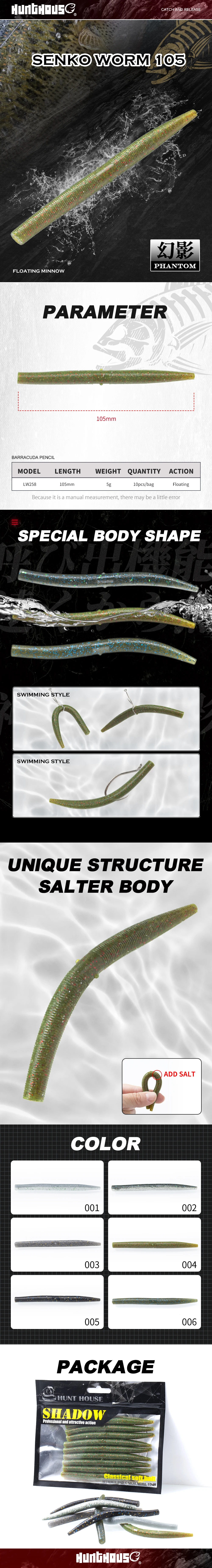 Hunthouse Senko Wurm Weicher Angelköder 105 mm 5 g 10 Stück Silikonköder PVC Salzwasser Hecht Bass Forelle Künstlicher Souple-Fischgerät – Detail 4