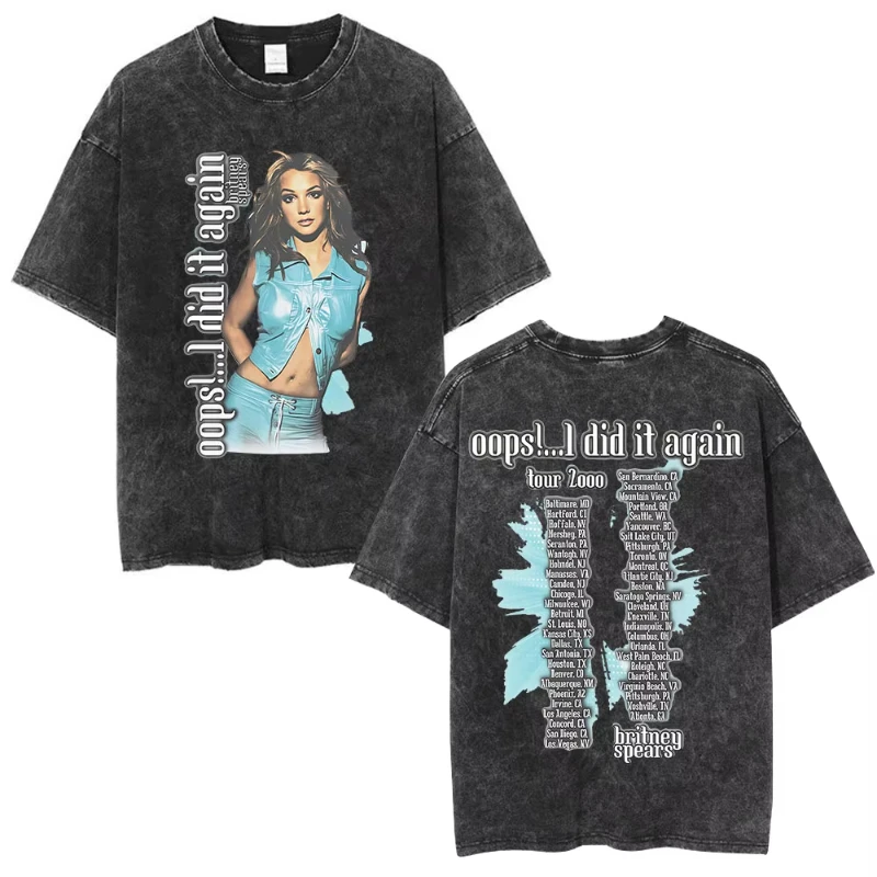 Britney Spears Oops! I Did It Again Tour 2000 Merch Vintage Washed T Shirts Men's Women Cotton Short Sleeve Oversized T-shirts