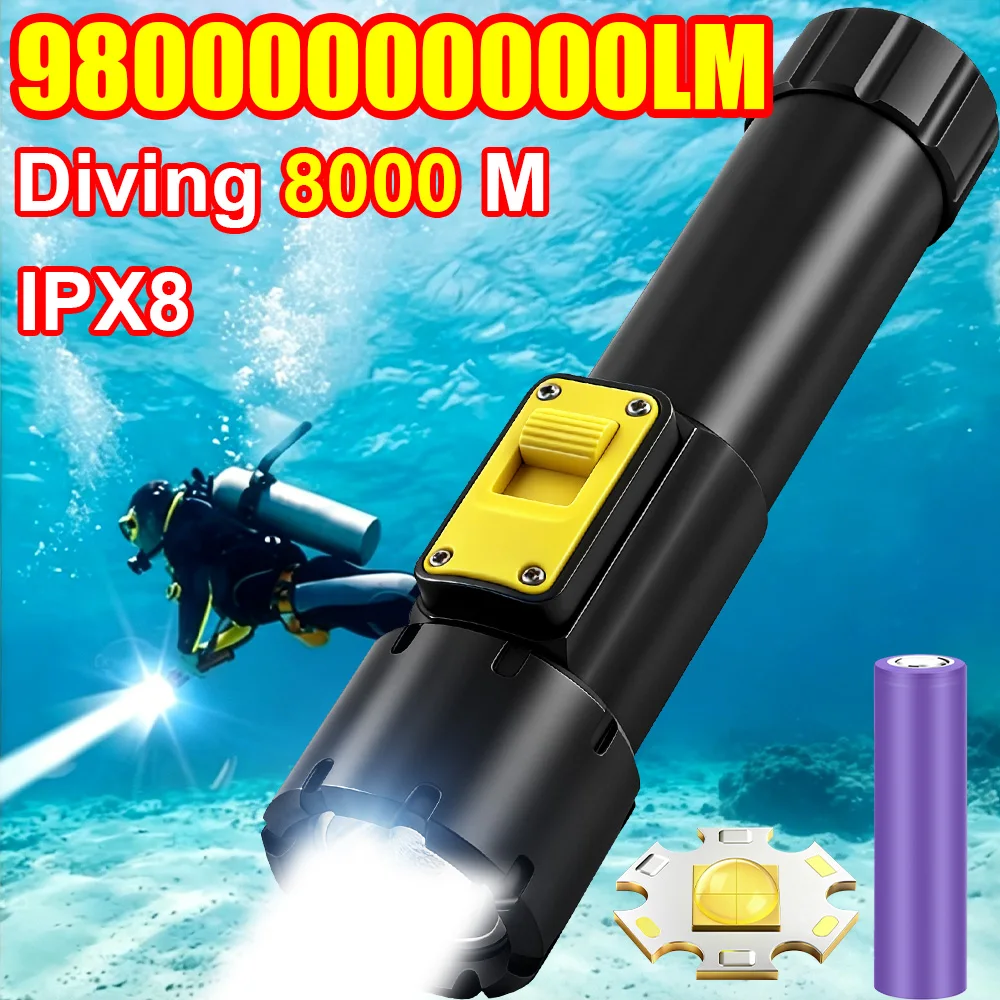 

NEW 98000000000LM Powerful XHP360 Diving Flashlight IPX8 Underwater Diving Torch Waterproof Portable Type-c Rechargeable Lantern