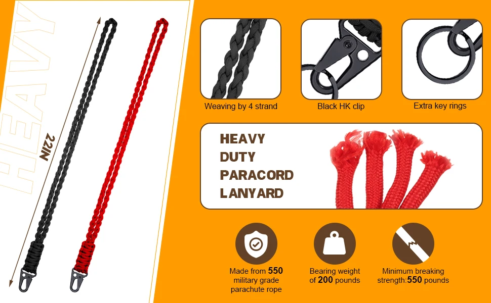 Robuster geflochtener 550-Paracord-Halsband-Schlüsselanhänger, Überlebens-Fallschirmseil-Lanyard-Halskette, HK-Clip, Schlüsselanhänger, Outdoor-Werkzeuge – Detail 1