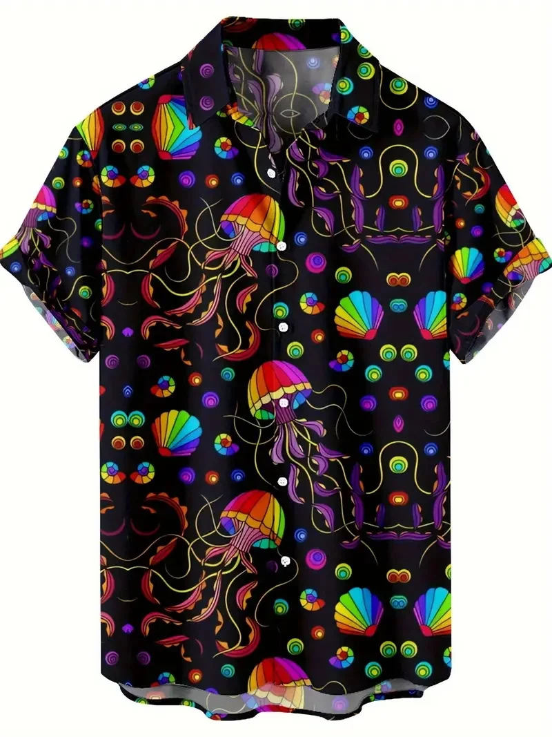 Men's Casual Hawaiian Shirt Vibrant Geometric Jellyfish & Coral Reef Design Button Vacation Surfing Shirts Men's Beach Shirt view 2