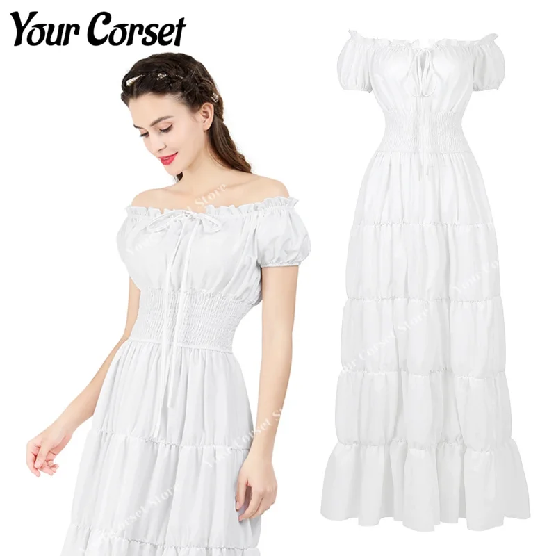 Women Renaissance Irish Dress Off Shoulder Medieval Peasant Dress Pirate Costume Wench Retro Gown Smocked Waist Maxi Long Dress