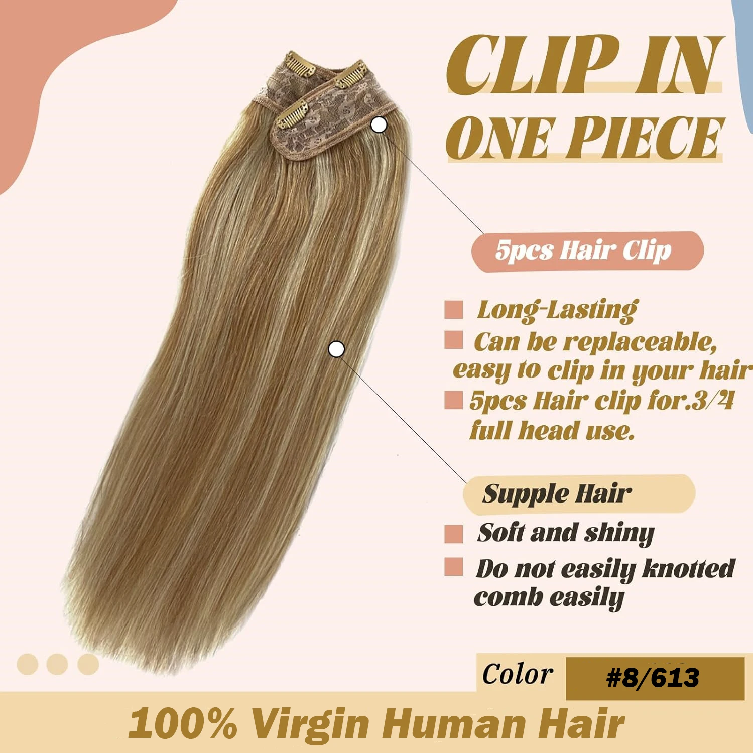 Highlight #8/613 Straight Clip In Hair Extensions 100% Human Hair One Piece 5 Clips In Human Hair Extensions 100G/Set Full Head