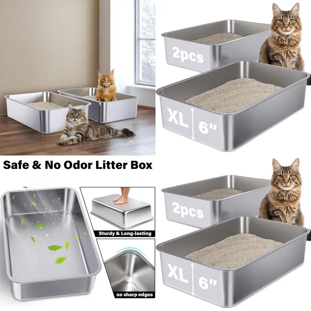 

Набор очень больших стальных лотков для кошачьего туалета, 23,6 x 15,7 x 6 дюймов, без запаха, XL металлический лоток для кошек, идеально подходит для нескольких кошек, с антипригарным покрытием, простой в уходе.