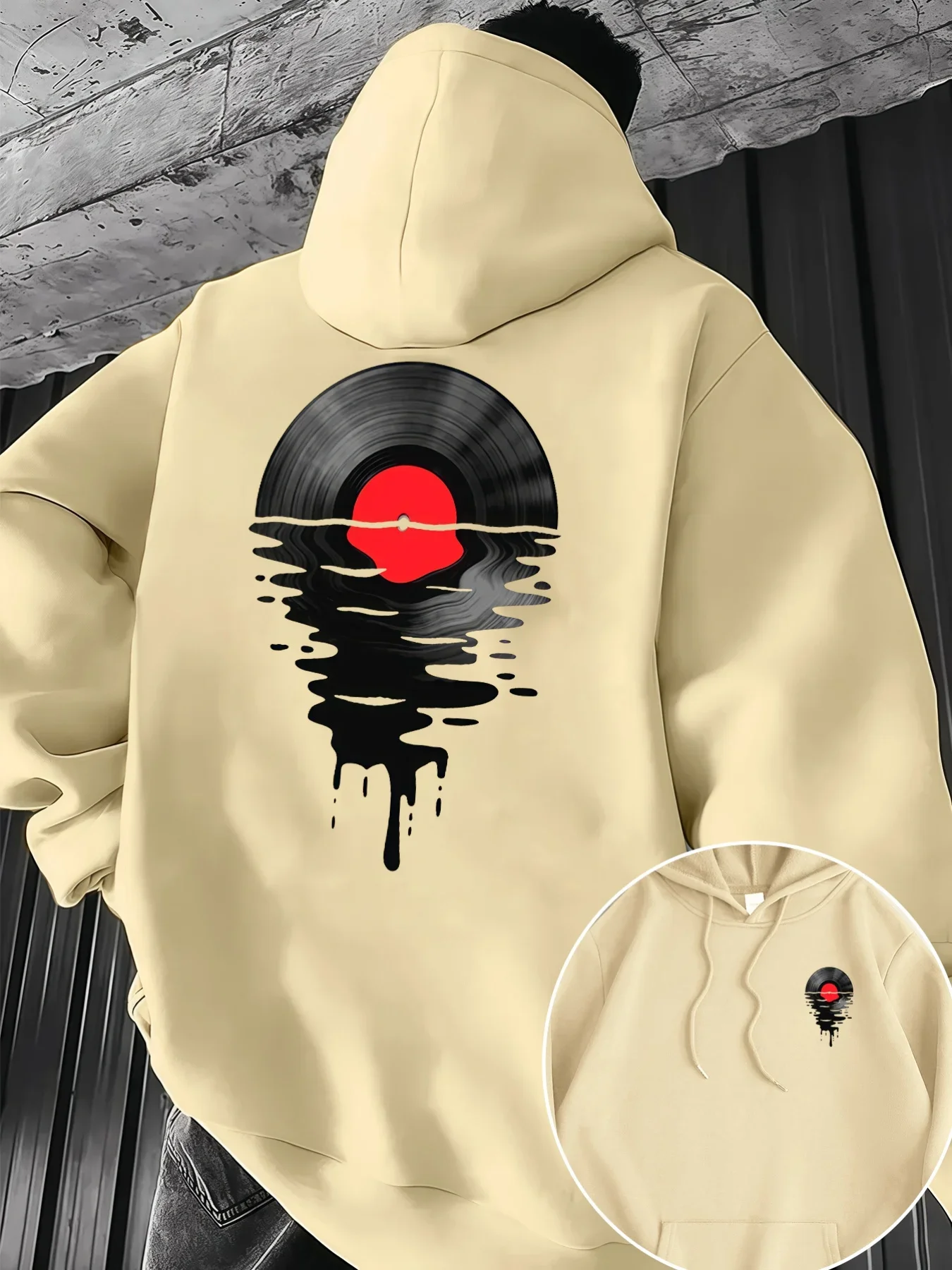 Men's Autumn Winter Hoodie Vinyl Record Melting Water Reflection Front Chest Back Print Streetwear Fleece Sweatshirt