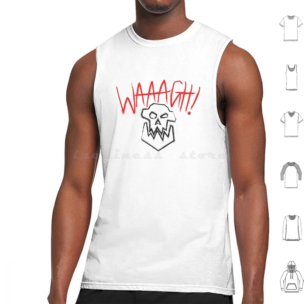 Waaagh! Text With Skull ( On White ) Tank Tops Print Cotton Waaagh Gw Orc Orcs Goblins Goblin Gobbo Greenskin Ork Fantasy