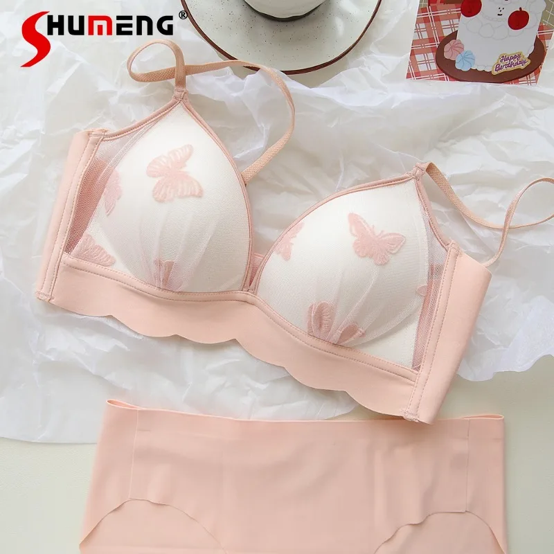 

Butterfly French Style Thin Cup Intimates Women Small Chest Push Up Underwear Set Female Mesh Hollow Sweet Wireless Brief Suit