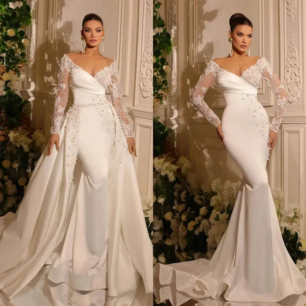 Vestido de novia de sirena de lujo con estilo, mangas elegantes, cuello en V, largo de encaje con perlas, tren desmontable, vestido de corte personalizado de talla grande