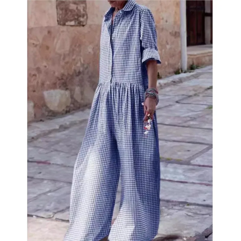 Women's Loose Casual Plaid Printed Jumpsuit Fashion Lapel Single Breasted Half Sleeve Wide Leg Jumpsuit Spring Autumn Lady New