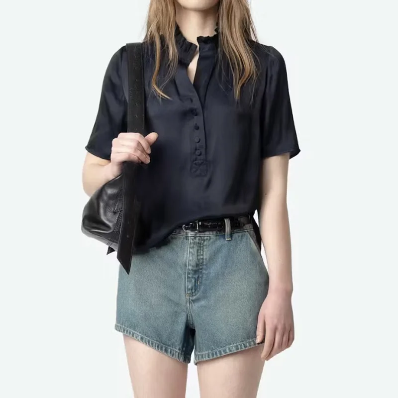 

Navy Blue Short Sleeve Blouse Female Loose Button Summer Tops Women Zadig Cotton Blouse Ladies Casual 2025 New Shirts