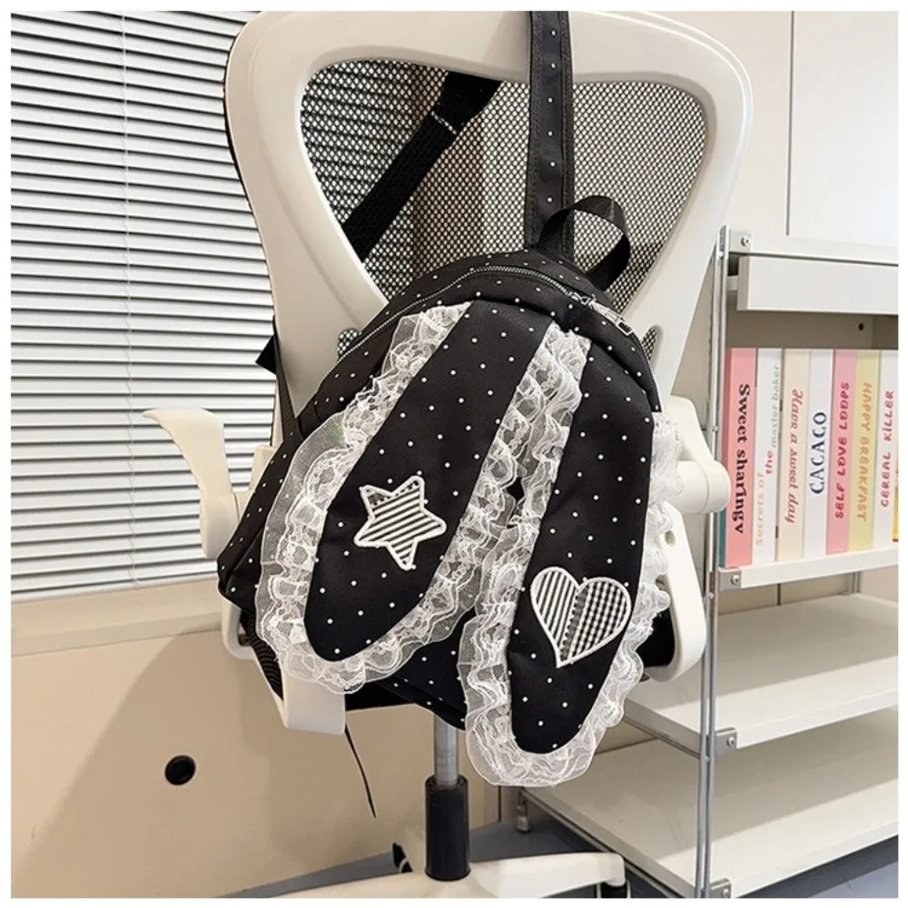 New Polka Dot Bunny Ear Lace Backpack Large Capacity Lightweight Lace Ruffle Backpack Fashion Daypack Casual Carry