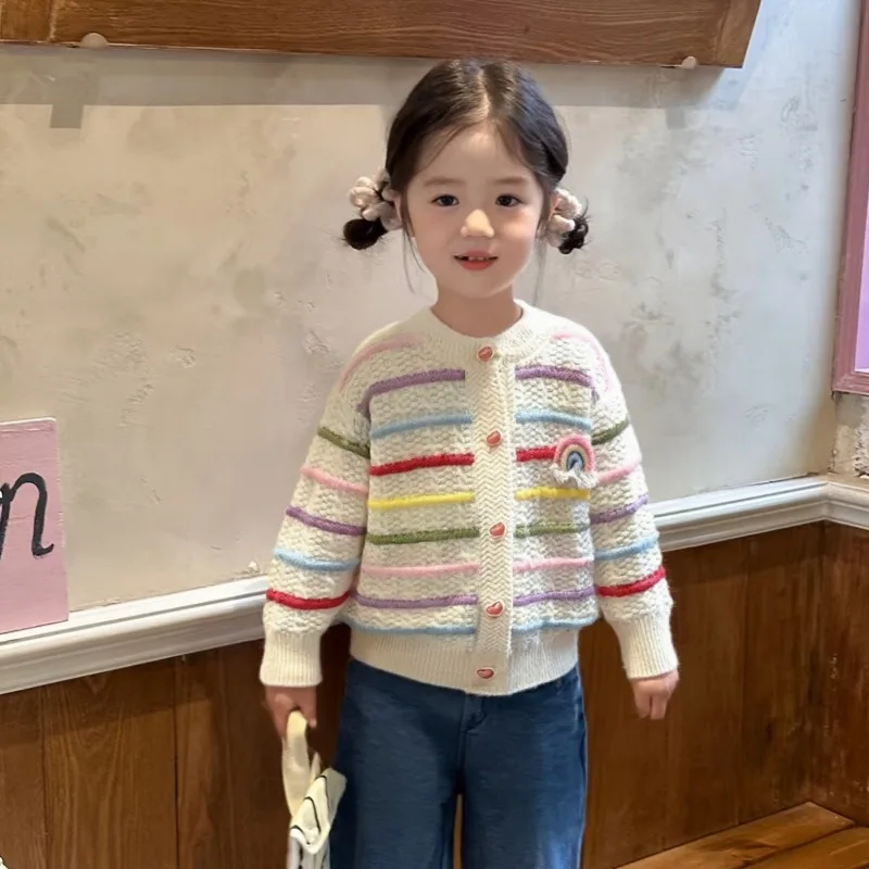

Girls' Rainbow Striped Sweaters, Cardigans, Baby Autumn Woollen Tops, Children's Knitted Jackets, Foreign Style