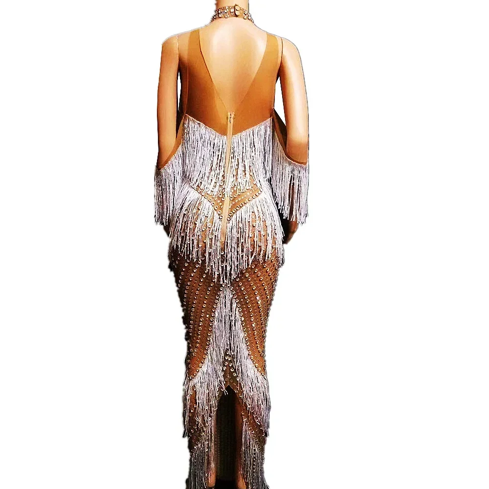 Fora do ombro brilhante strass borla sexy split vestido longo para mulheres noite banquete artista drag queen trajes