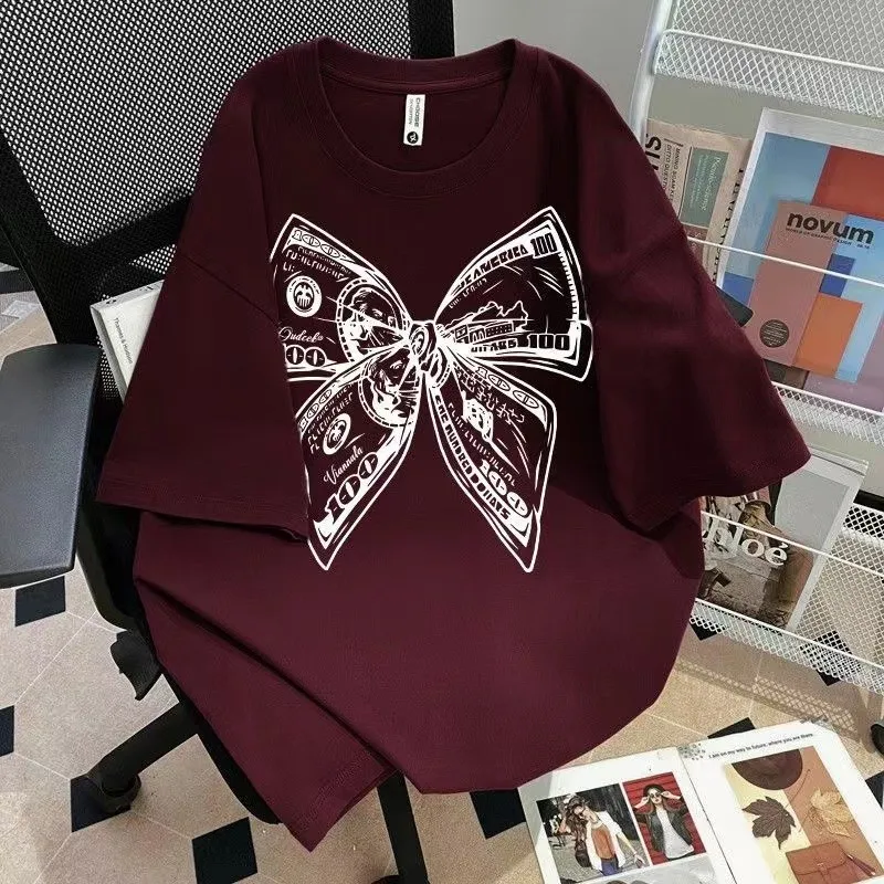 Camiseta de cuello redondo con estampado de lazo a la moda de verano, Top Universal de manga corta de talla grande para hombres y mujeres