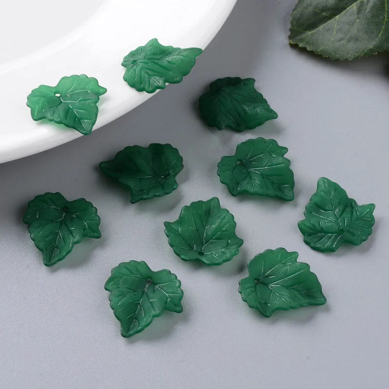 100 pc Autumn Theme Transparent Frosted Acrylic Pendants Maple Leaf Dark Green 24x22.5x3mm Hole: 1mm