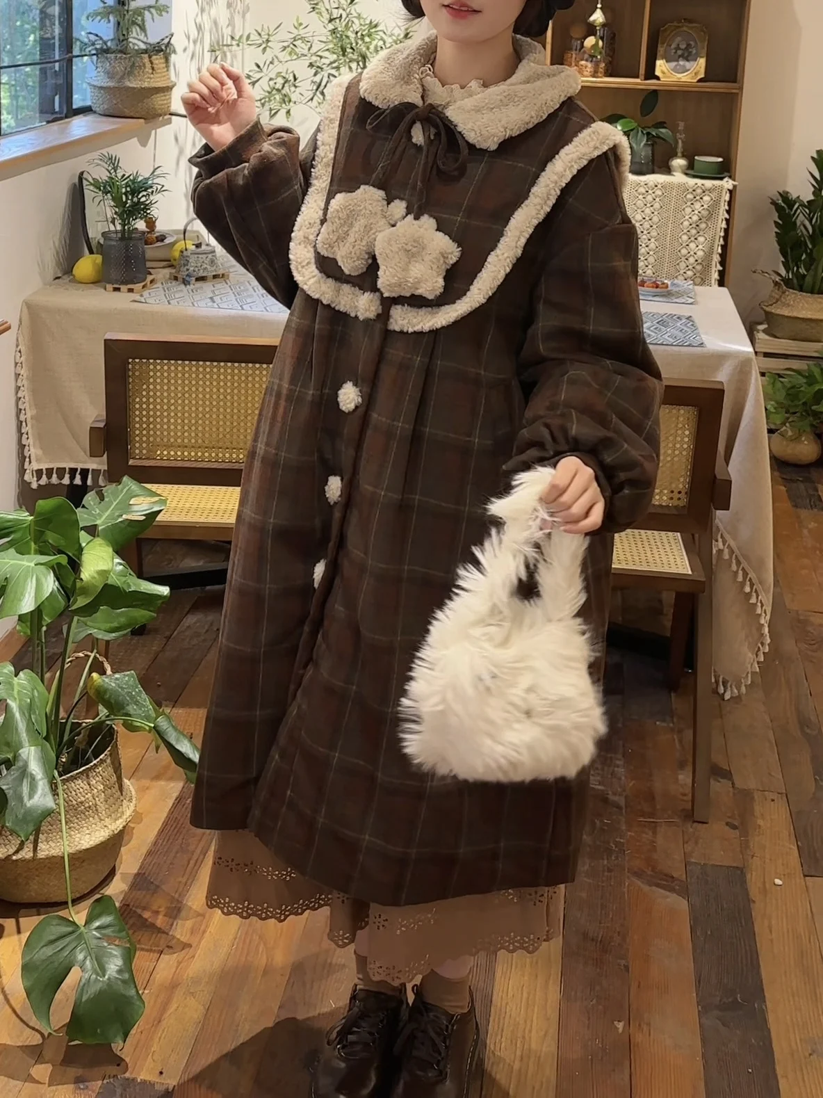 

Thiened Winter Coat Plaid Woolen Jaet Sweet Cute oulder Drop Sves Medium Length Commute Sle Women's Faion Outerwear