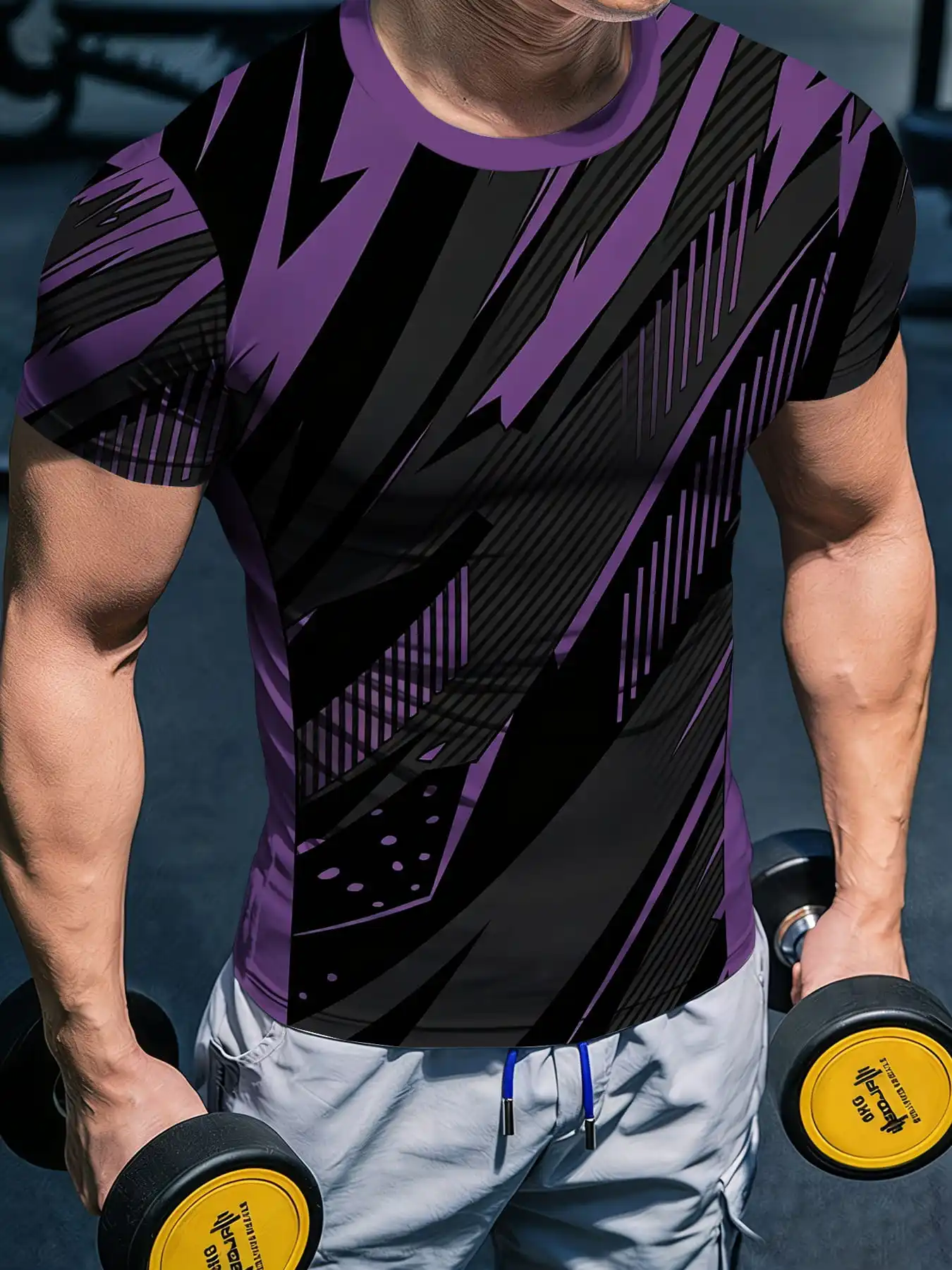 Men Sports Tee High Elastic Quick Dry Breathable Jersey Purple Black Sharp Geometric Print Gym Training Top
