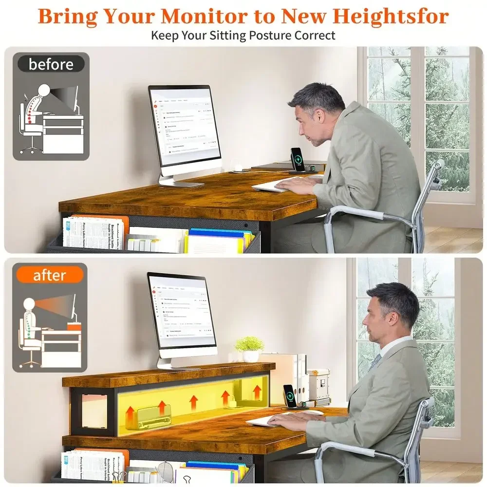 56.5 Computer Desk With File Drawers Cabinet, Study Writing Gaming Desk With Power Outlets, Home Office Desk With Shelves Monit