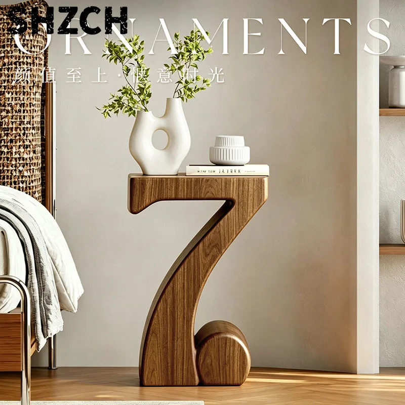 Home Furniture Number 7 Sculpture Wooden Side Table Minimalist End Table Sofa Small Art Tea Table Bedroom Nightstand Home Decor