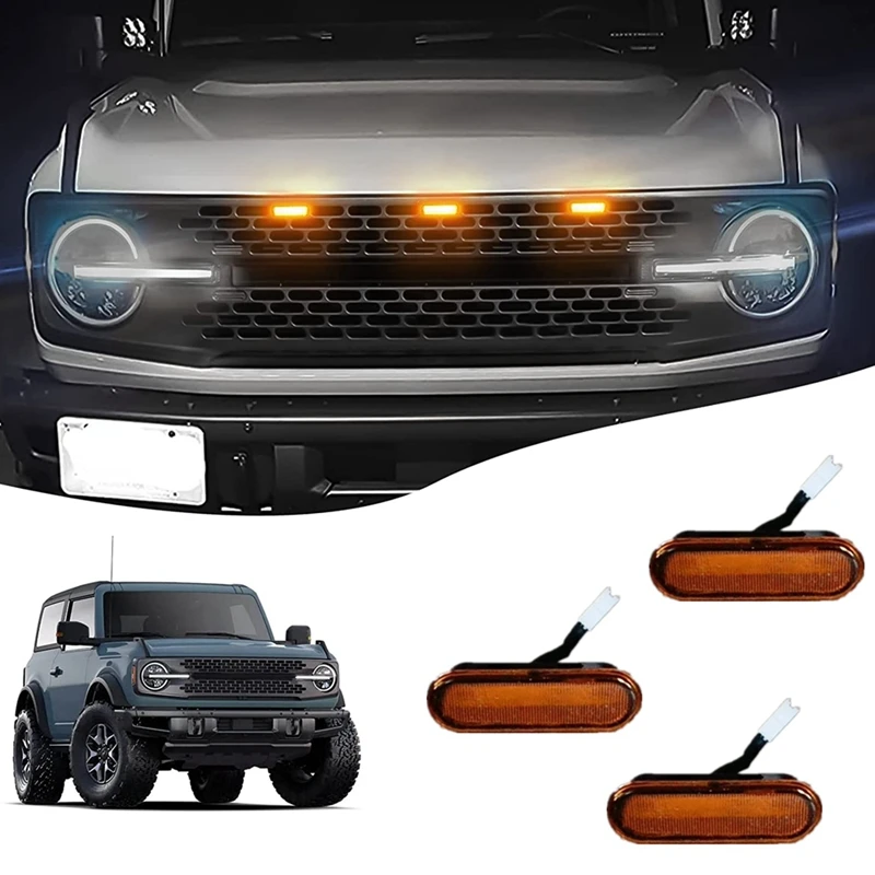 Front LED Grille Lights Amber Dynamic Lamps For Ford Bronco Wildtrak/ Badlands/ First Edition/ Everglads 2021-2023, 3PCS