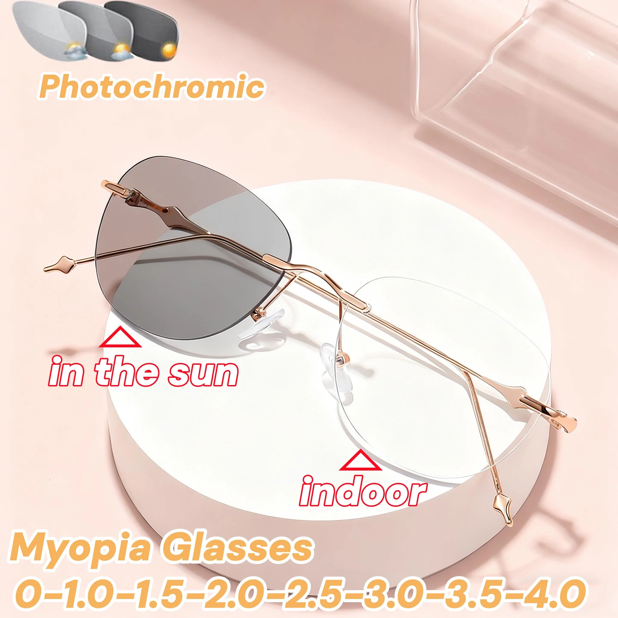 

Fashion Rimless Oval Photochromic Myopia Glasses Women Men Frameless Blue Light Blocking Color Changing Minus Diopter Eyeglasses