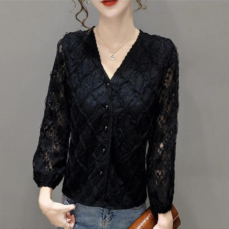 Vintage Elegant Chic Lace Korean Fashion Slim Sweet Tops Blouses for Women Casual V Neck Long Sleeve Solid Shirts Female Clothes