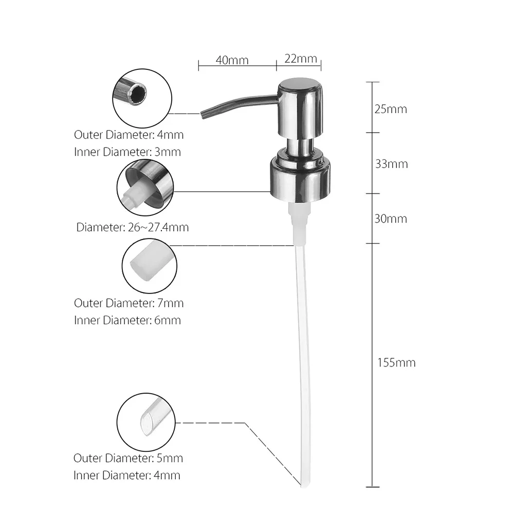 Vervangingspomp Roestvrijstalen zeep- en lotiondispenserpomp Vervangkop voor een diameter van 26 mm-27,4 mm