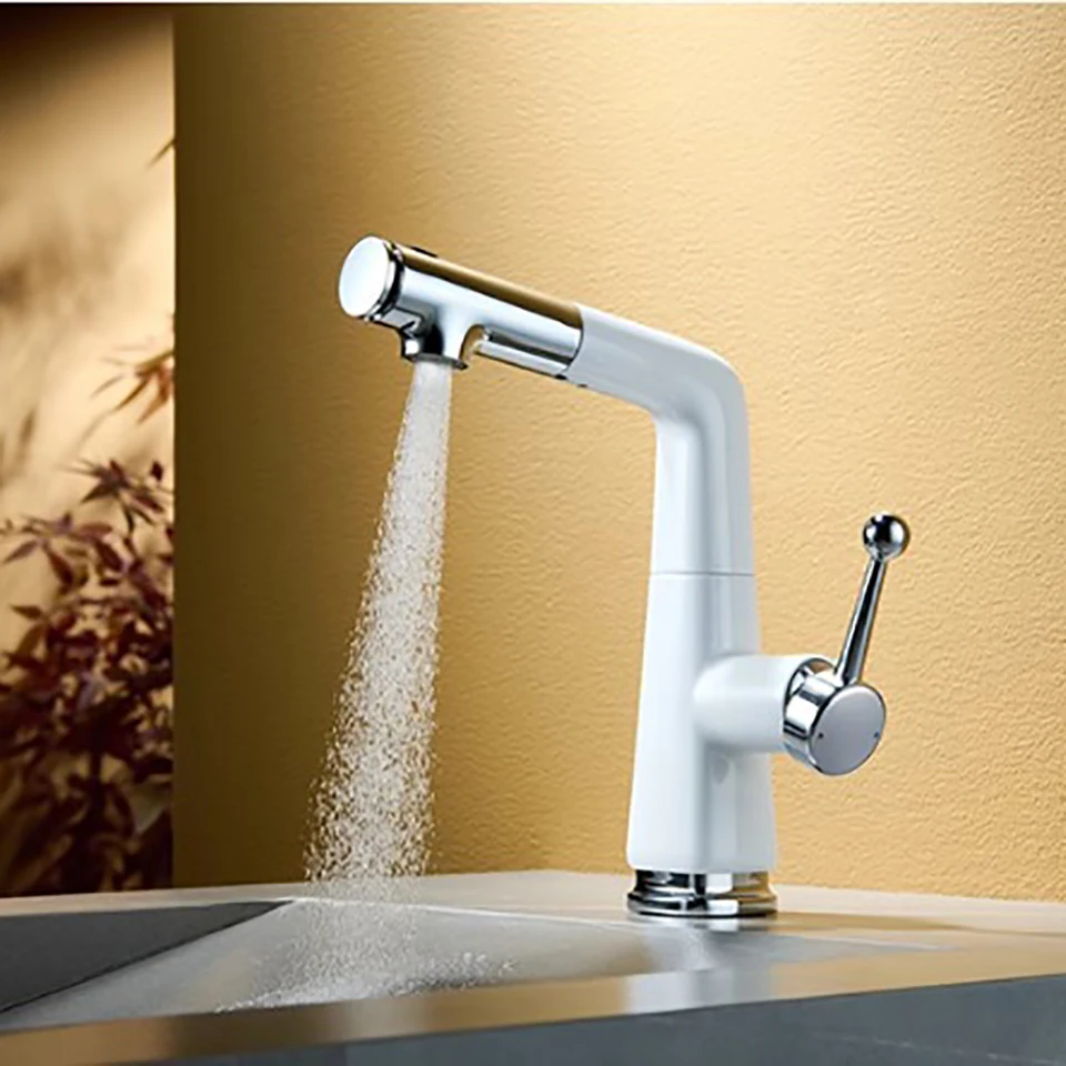 Solid Brass Pull‑Out Height Adjustable Faucet, Single Handle Hot Cold Water Mixer Tap for Bathroom Vanity Wash Basin Sink