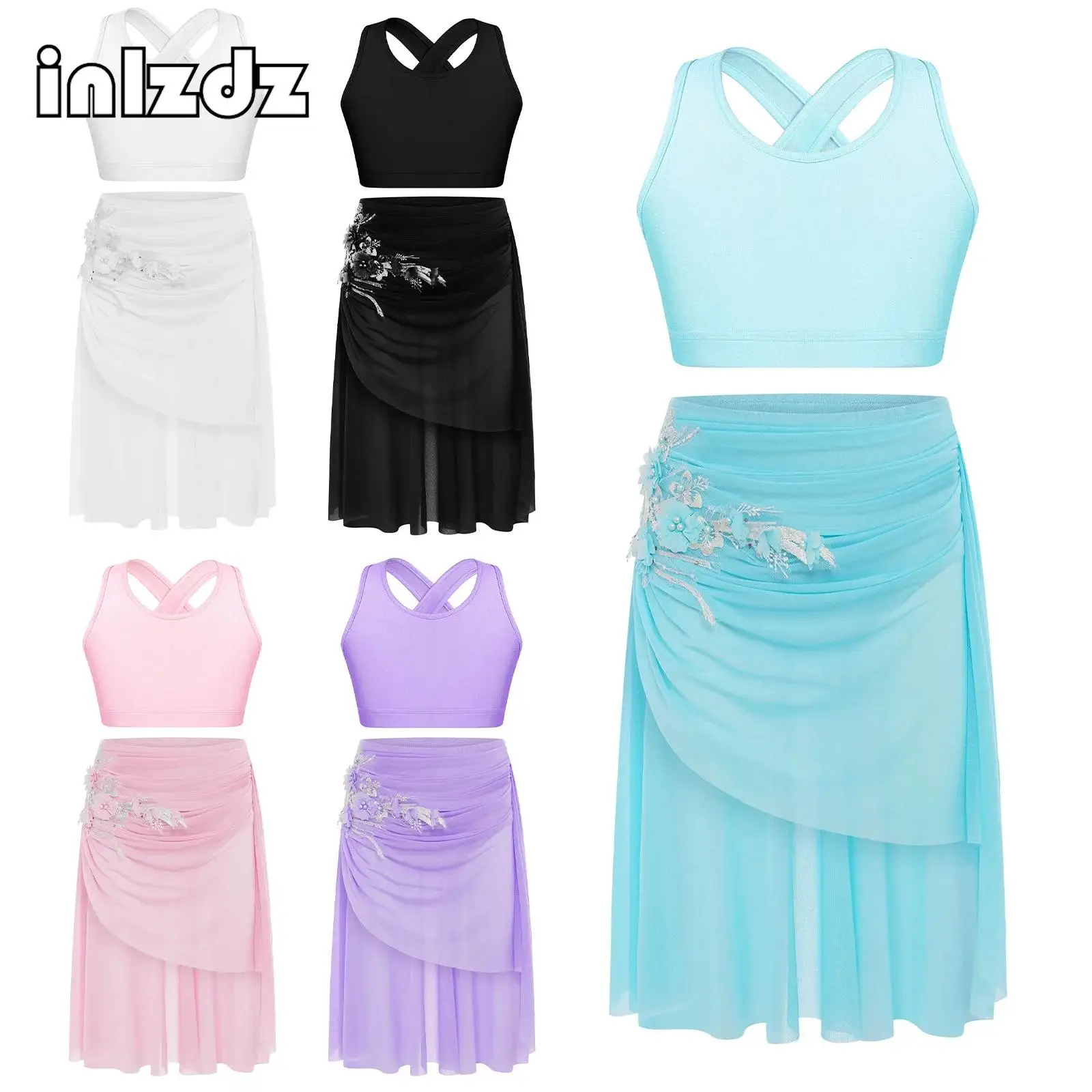 

Kids Girls Lyrical Dance Costume Stage Show Contemporary Modern Performance Set Tops with Applique Skirts 2-piece Dancewear Sets